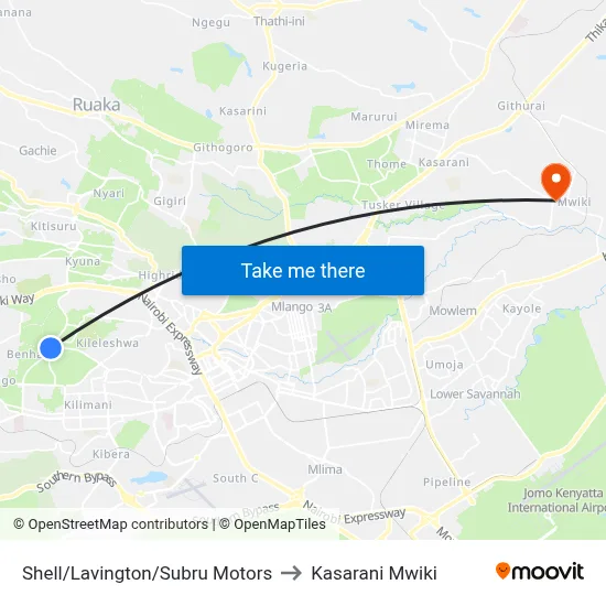Shell/Lavington/Subru Motors to Kasarani Mwiki map