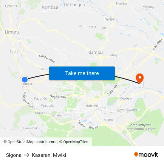 Sigona to Kasarani Mwiki map