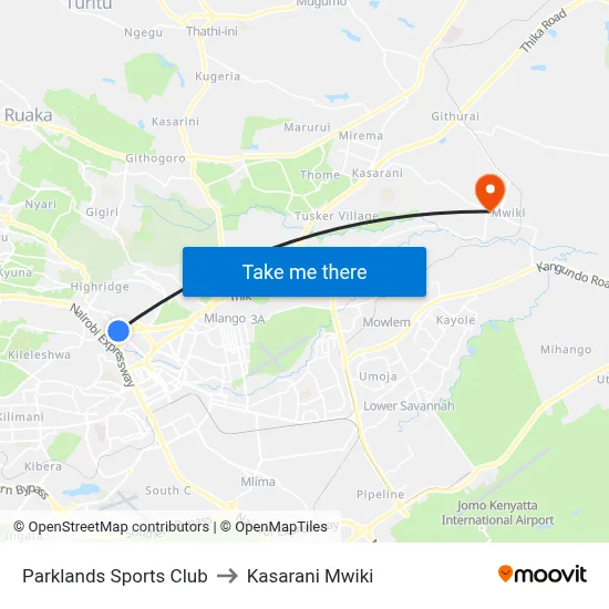 Parklands Sports Club to Kasarani Mwiki map