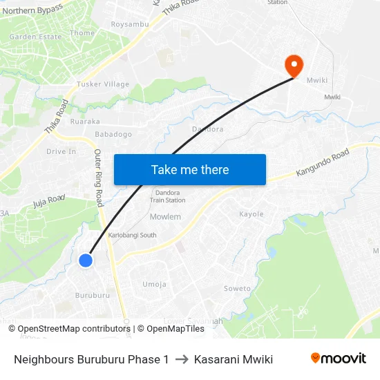 Neighbours Buruburu Phase 1 to Kasarani Mwiki map