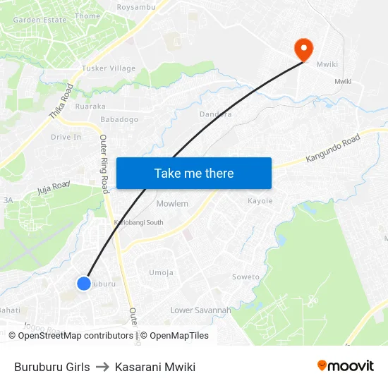 Buruburu Girls to Kasarani Mwiki map