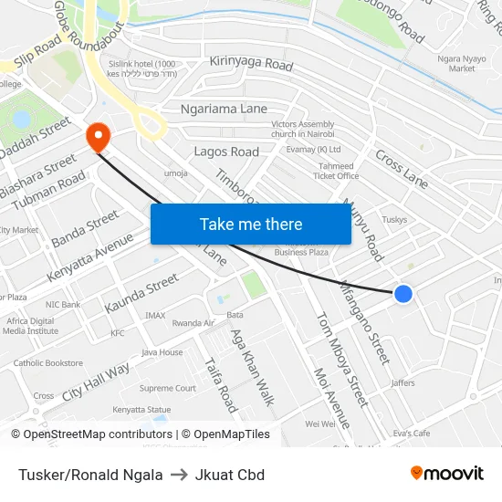 Tusker/Ronald Ngala to Jkuat Cbd map