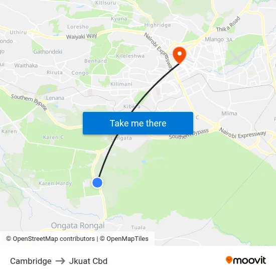 Cambridge to Jkuat Cbd map