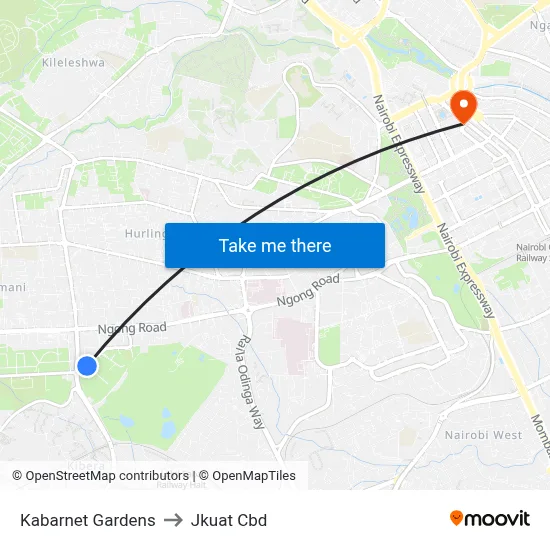 Kabarnet Gardens to Jkuat Cbd map