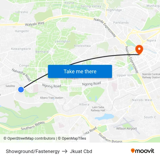 Showground/Fastenergy to Jkuat Cbd map