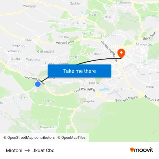 Miotoni to Jkuat Cbd map