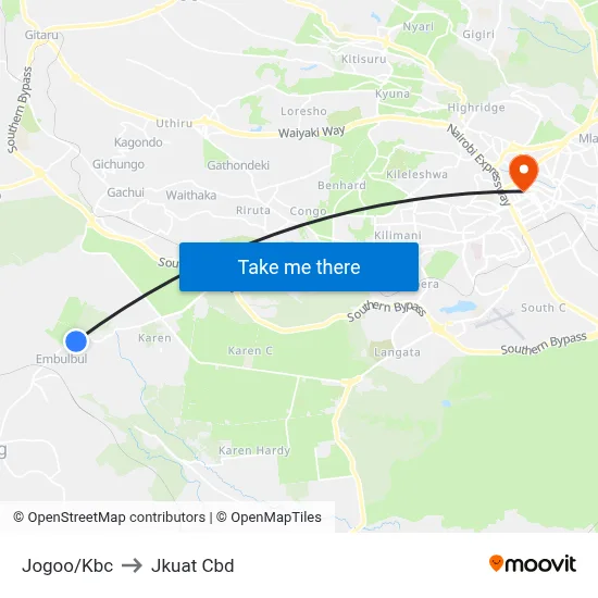 Jogoo/Kbc to Jkuat Cbd map