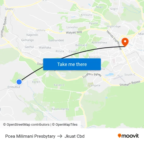 Pcea Milimani Presbytary to Jkuat Cbd map