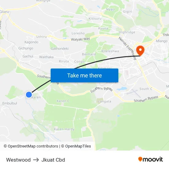 Westwood to Jkuat Cbd map