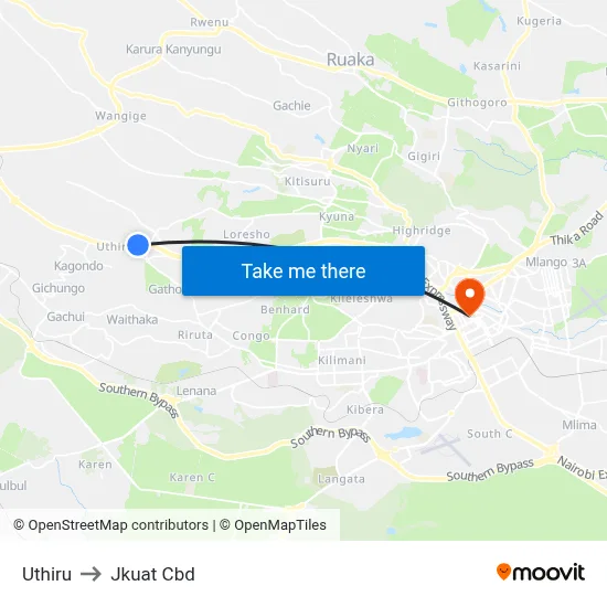 Uthiru to Jkuat Cbd map