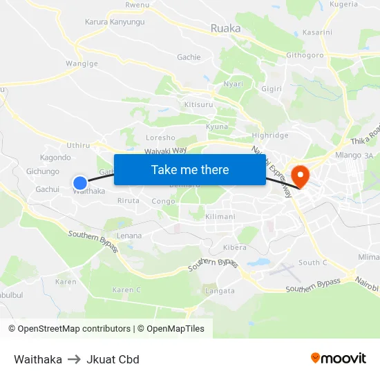 Waithaka to Jkuat Cbd map
