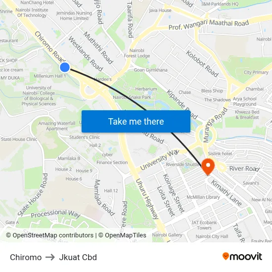 Chiromo to Jkuat Cbd map