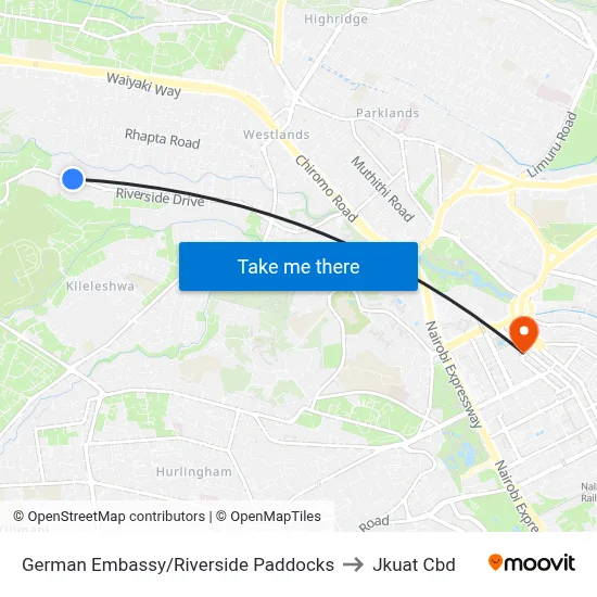 German Embassy/Riverside Paddocks to Jkuat Cbd map
