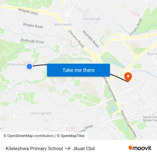 Kileleshwa Primary School to Jkuat Cbd map