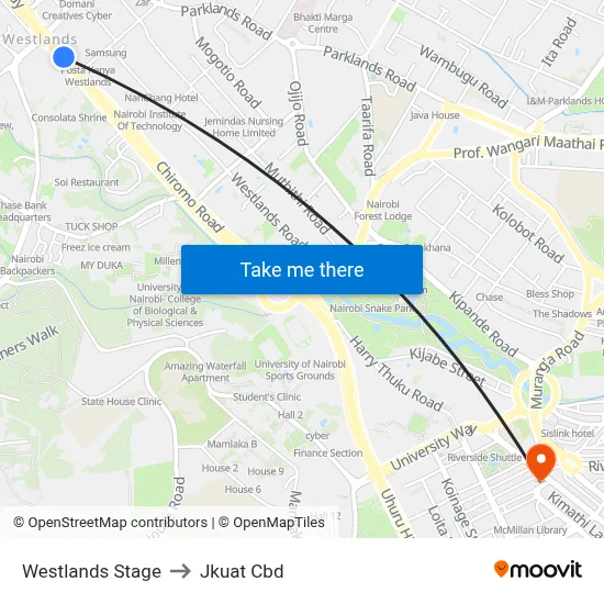 Westlands Stage to Jkuat Cbd map