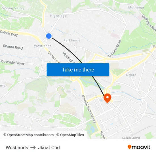Westlands to Jkuat Cbd map