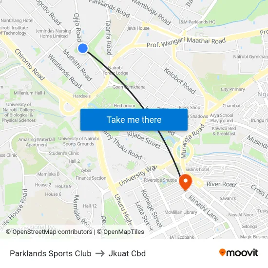 Parklands Sports Club to Jkuat Cbd map