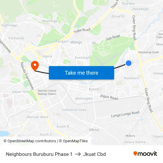 Neighbours Buruburu Phase 1 to Jkuat Cbd map