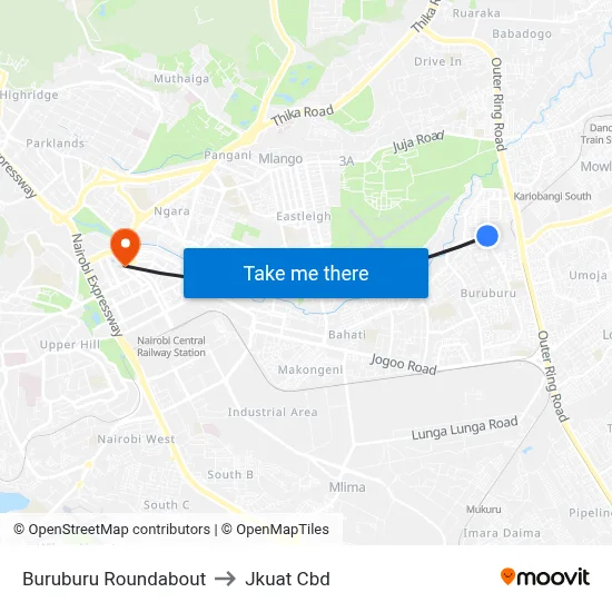 Buruburu Roundabout to Jkuat Cbd map