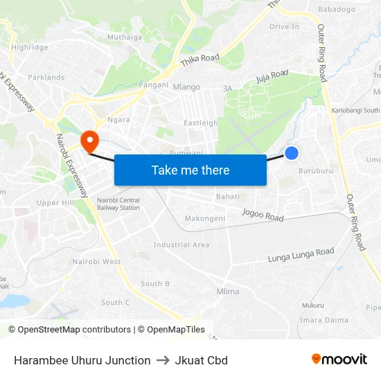 Harambee Uhuru Junction to Jkuat Cbd map