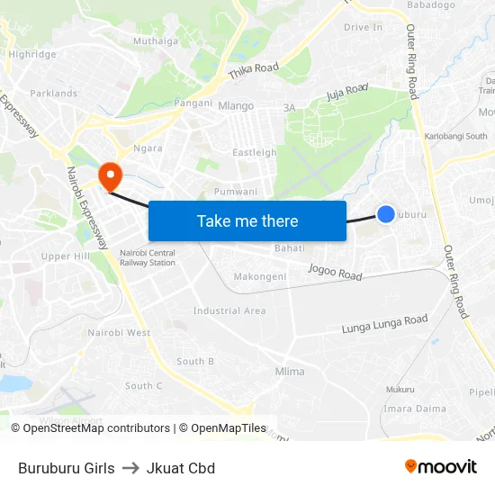 Buruburu Girls to Jkuat Cbd map