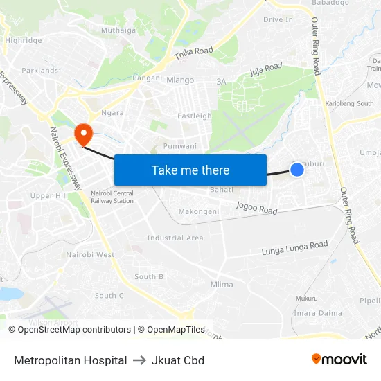 Metropolitan Hospital to Jkuat Cbd map