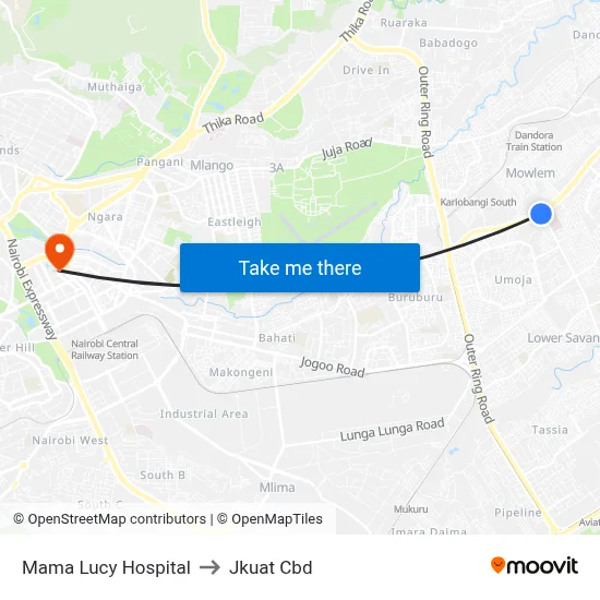 Mama Lucy Hospital to Jkuat Cbd map