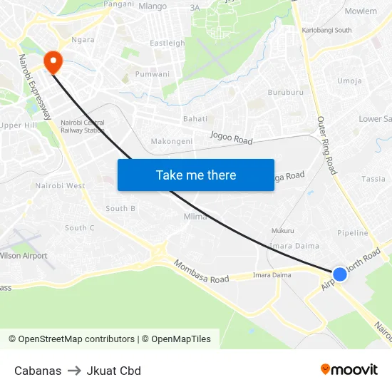Cabanas to Jkuat Cbd map