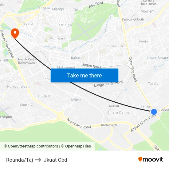 Rounda/Taj to Jkuat Cbd map
