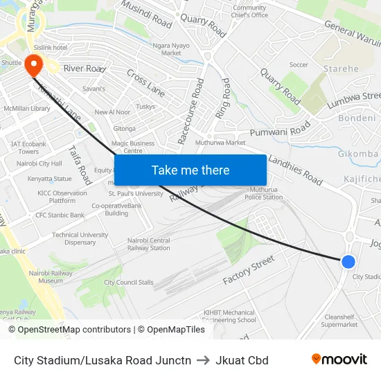 City Stadium/Lusaka Road Junctn to Jkuat Cbd map