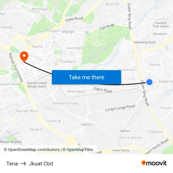Tena to Jkuat Cbd map