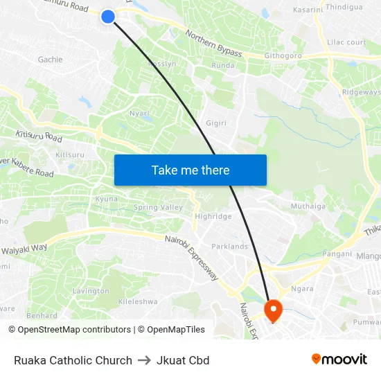 Ruaka Catholic Church to Jkuat Cbd map