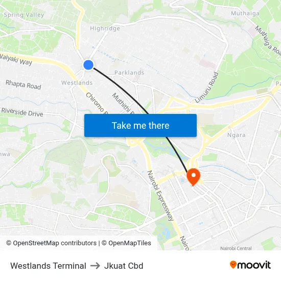 Westlands Terminal to Jkuat Cbd map