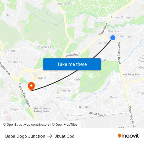Baba Dogo Junction to Jkuat Cbd map