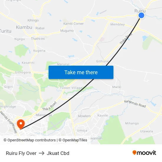 Ruiru Fly Over to Jkuat Cbd map