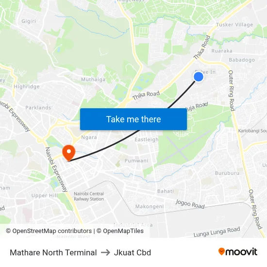 Mathare North Terminal to Jkuat Cbd map