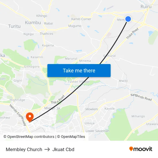 Membley Church to Jkuat Cbd map