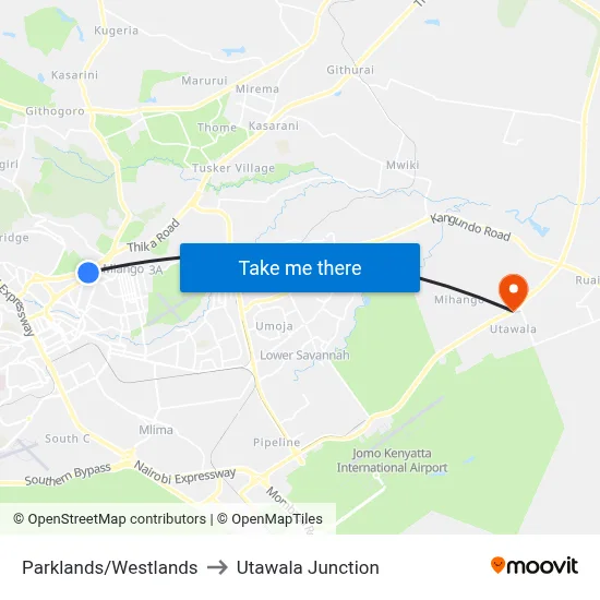 Parklands/Westlands to Utawala Junction map