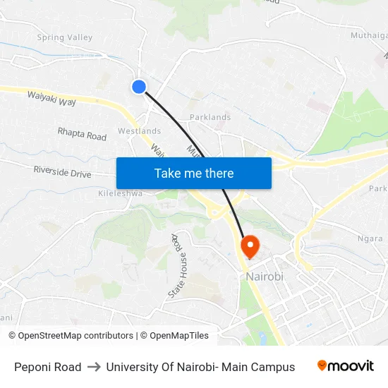 Peponi Road to University Of Nairobi- Main Campus map