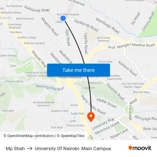 Mp Shah to University Of Nairobi- Main Campus map