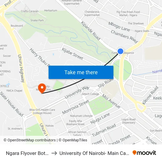 Ngara Flyover Bottom to University Of Nairobi- Main Campus map