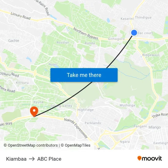 Kiambaa to ABC Place map