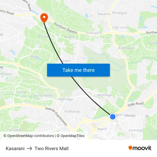 Kasarani to Two Rivers Mall map