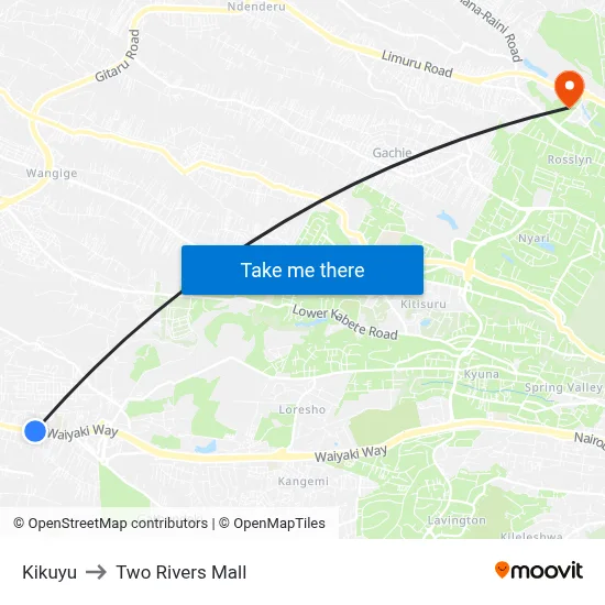 Kikuyu to Two Rivers Mall map