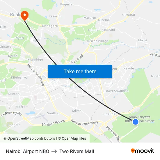 Nairobi Airport NBO to Two Rivers Mall map