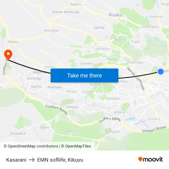 Kasarani to EMN sofllife, Kikuyu map