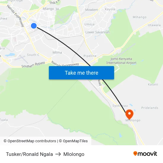 Tusker/Ronald Ngala to Mlolongo map