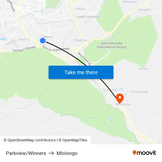 Parkview/Winners to Mlolongo map