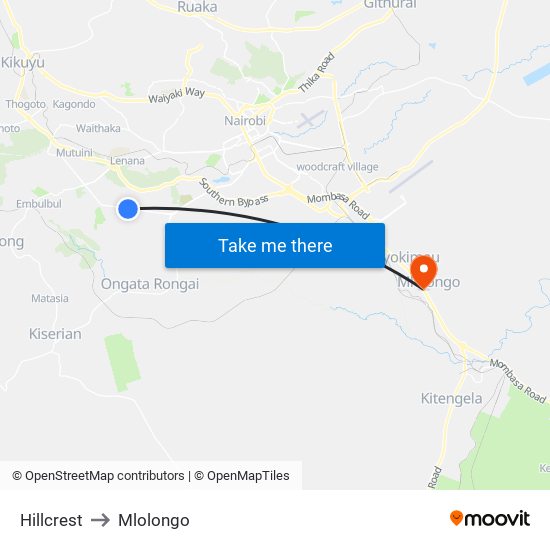 Hillcrest to Mlolongo map