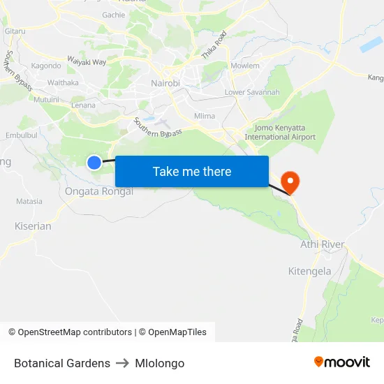 Botanical Gardens to Mlolongo map